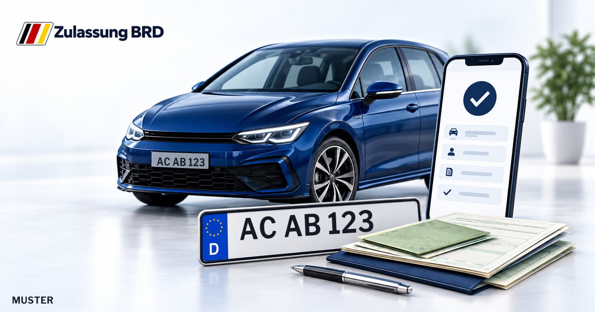 Online Fahrzeugzulassung in Würselen: Musterkennzeichen AC AB 123, Auto und Fahrzeugpapiere und Smartphone. Illustration mit Logo von Zulassung BRD.